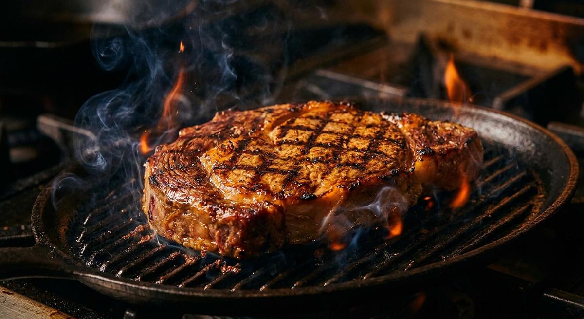 Steak sizzling on the grill at The Rose & Crown